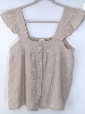 Joie Flutter Sleeveless Embroidered Smocked Button Down Blouse Medium